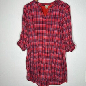 Duluth Trading Long Tunic plaid Roll Tab Sleeves with pockets Size XL